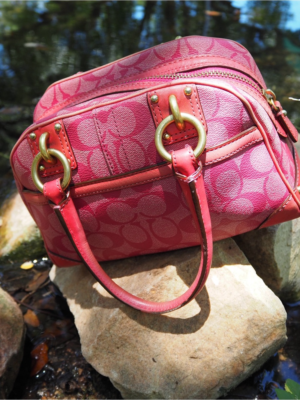 Coach Heritage Pink Signature Stripe Satchel - Picture 5 of 11